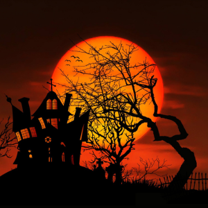 spooky Halloween cartoon-scene with orange night sky, haunted house, and spooky tree